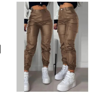 Pantalon Cargo Femme – Tendance Streetwear Y2K, Taille Haute, Effet Cuir PU, Coupe Skinny - BLACKBEARD OUTDOOR INDUSTRIES
