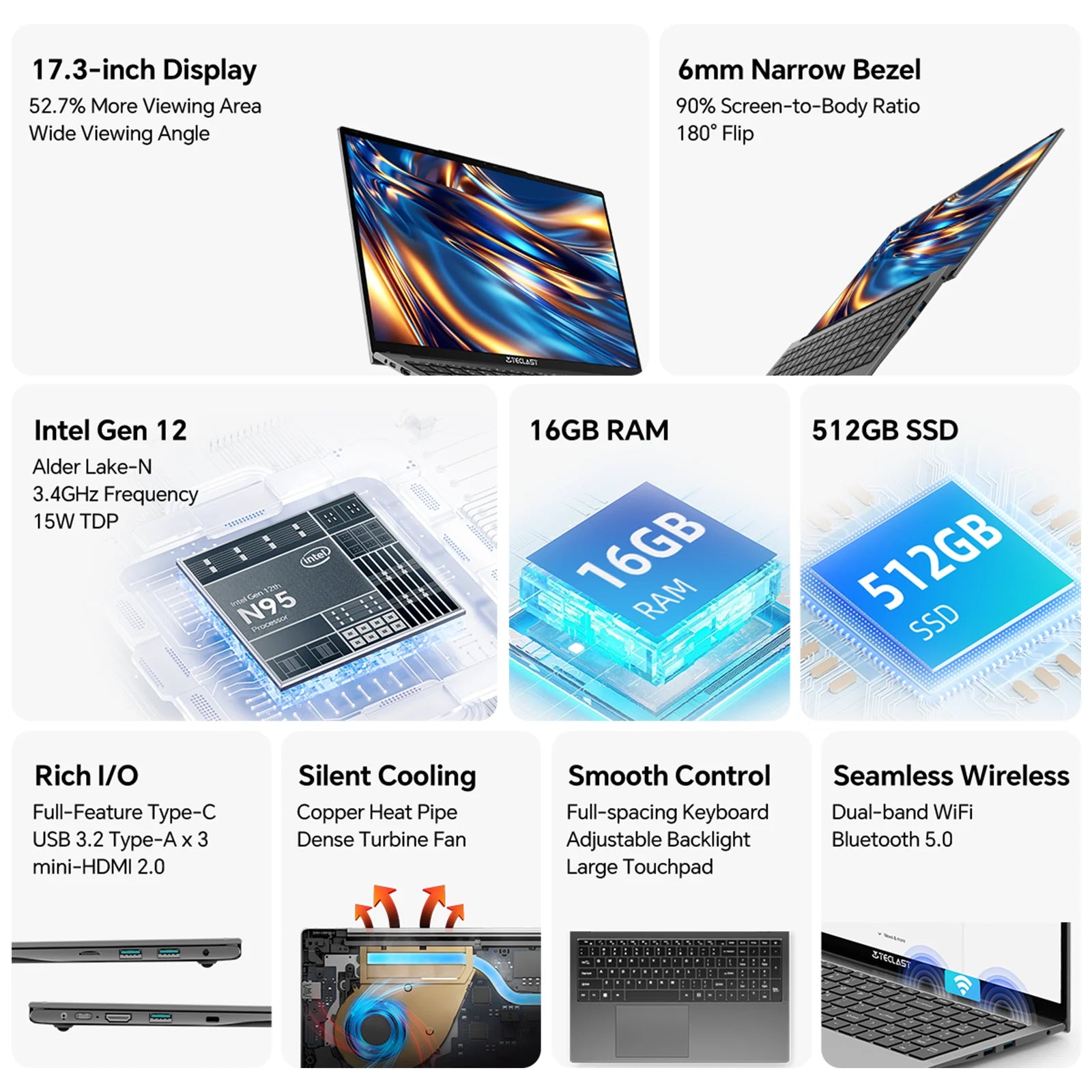Teclast F17Plus 17.3" Laptop | Intel N95 | 16GB RAM DDR4 | 512GB SSD | Windows 11 Pro | Backlit Keyboard | Mini-HDMI - BLACKBEARD OUTDOOR INDUSTRIES