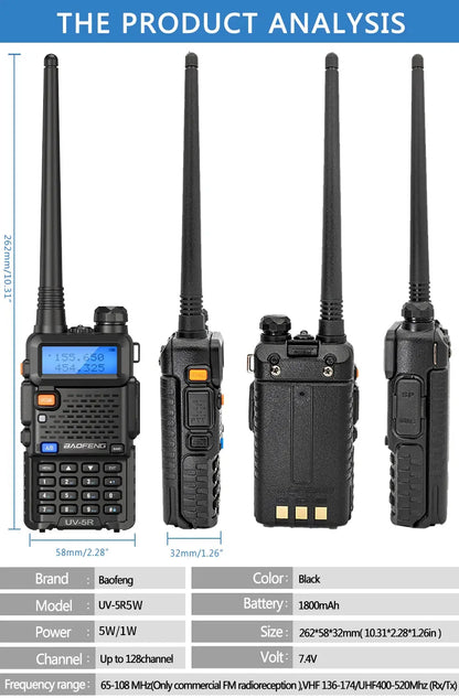 Baofeng UV-5R – Radio Bi-Bande VHF/UHF | 128 Canaux, Jusqu'à 15 km de Portée, Lampe LED et FM Ma boutique