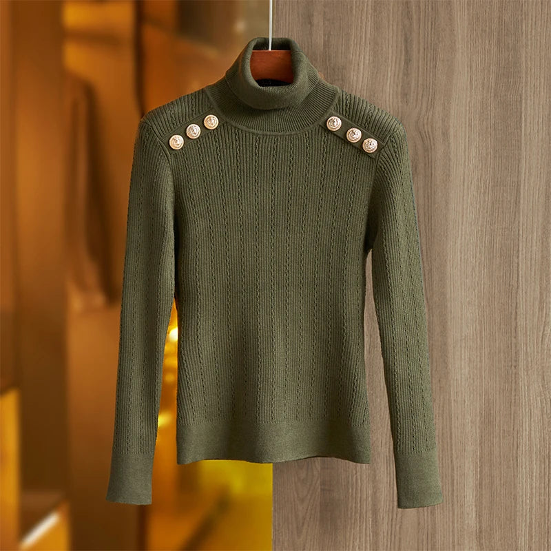 Pull en Laine Mélangée à Col Roulé Femme - Vert Armée, Épaules Padding, Casual, Tricoté pour l'Hiver BLACKBEARD OUTDOOR INDUSTRIES