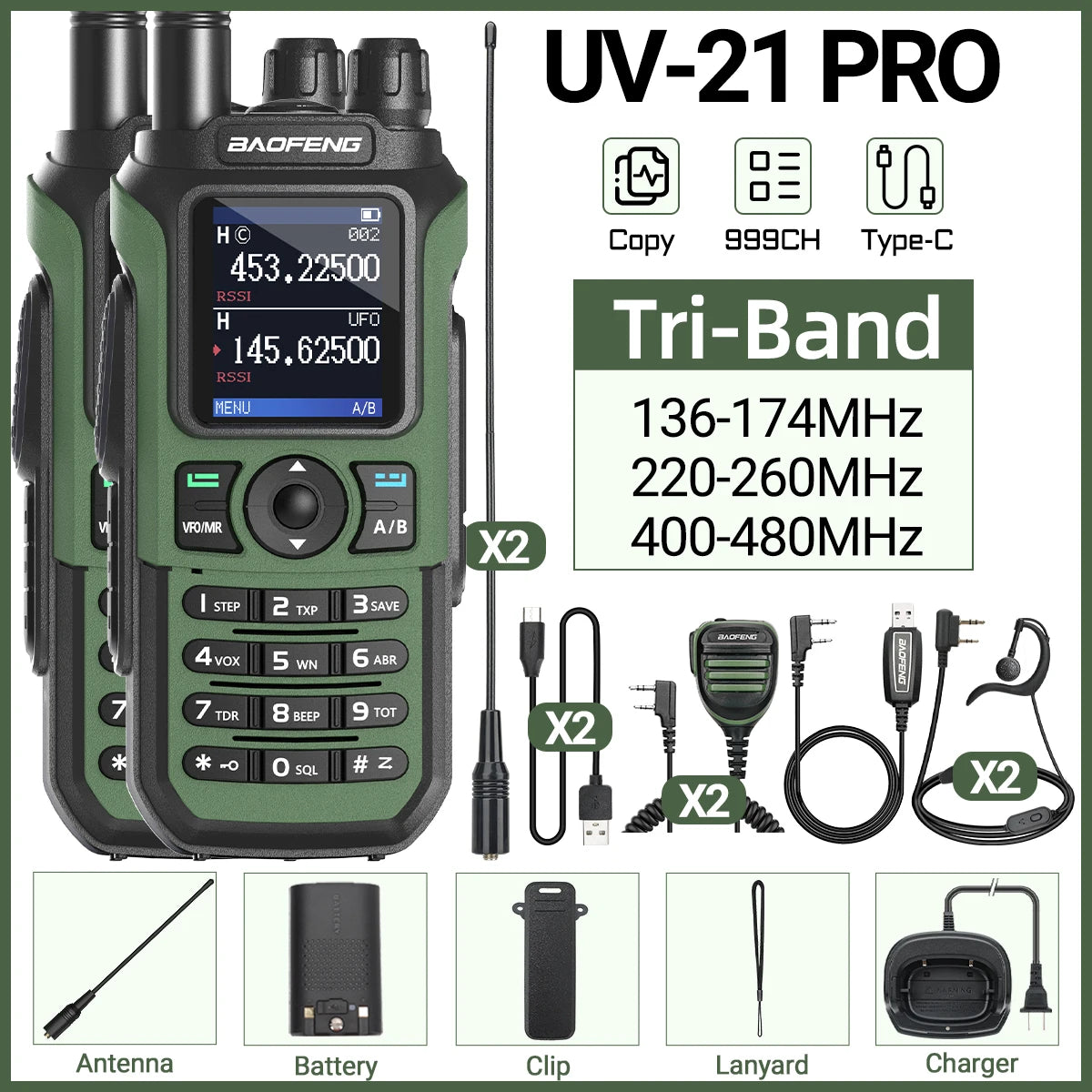 Lot de 2 Talkie-Walkies Baofeng UV-21 Pro V2 – Multi-bande, 999 Canaux, USB-C, Écran Couleur - BLACKBEARD OUTDOOR INDUSTRIES