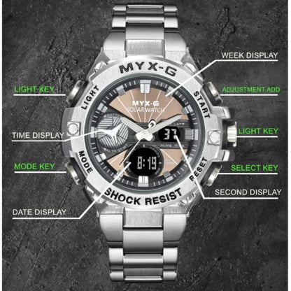 Montre Homme Énergie Solaire STRYVE – Style Acier Inoxydable – Double Affichage Analogique & Digital – Multifonction – Étanche 50M - BLACKBEARD OUTDOOR INDUSTRIES
