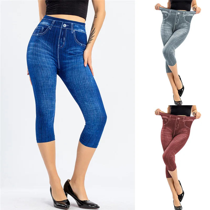 Leggings Femme Imprimé Jean — Style Slim, Extensibles, Faux Denim, Long ou Court, Été - BLACKBEARD OUTDOOR INDUSTRIES