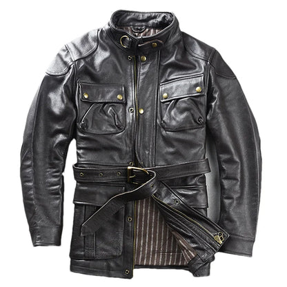 Brown Autumn Leather Jacket Men Safari Style Four Pockets Plus Size 5XL Natural Cowhide M65 Belt Genuine Leather Coat BLACKBEARD OUTDOOR INDUSTRIES