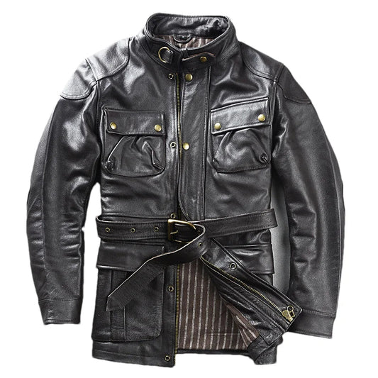 Brown Autumn Leather Jacket Men Safari Style Four Pockets Plus Size 5XL Natural Cowhide M65 Belt Genuine Leather Coat BLACKBEARD OUTDOOR INDUSTRIES