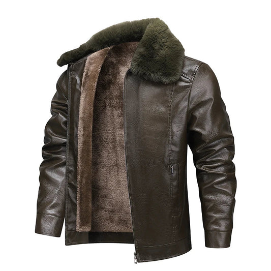 Winter Men Fleece Motor Biker Leather Jacket Man Lapel Thick Outwear Leather Coat Man Vintage Formal Fashion Leather Windbreaker BLACKBEARD OUTDOOR INDUSTRIES