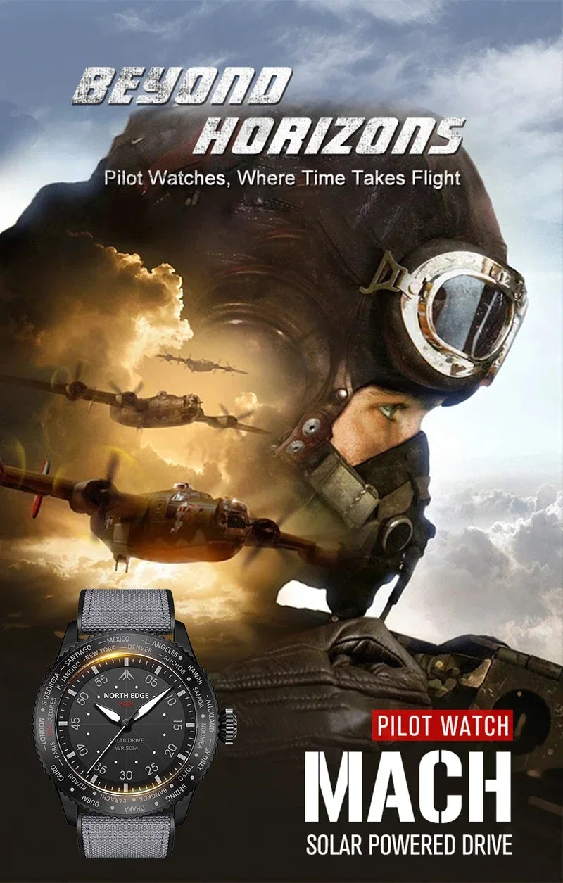 Montre Homme NORTH EDGE MACH 2024 – Solaire – Étanche 50M – Double Fuseau Horaire – Bracelet TPR & Nylon – Style Pilote - BLACKBEARD OUTDOOR INDUSTRIES