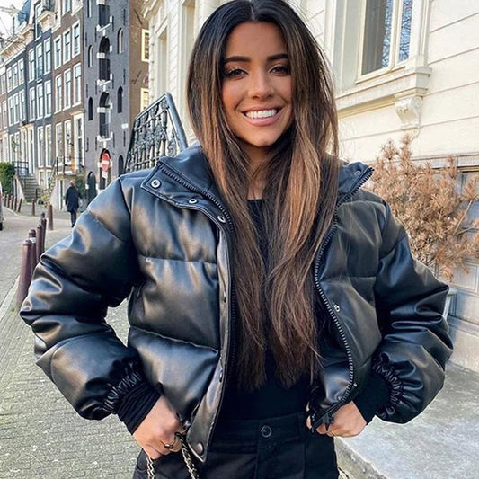 Winter Parka Coat Women's Jacket Thick Warm Women Fashion Black PU Leather Coats Women Elegant Zipper Faux Leather Jackets Tops BLACKBEARD OUTDOOR INDUSTRIES