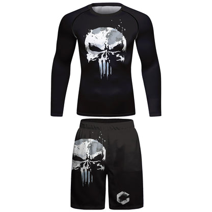 Ensemble T-shirt et Pantalon MMA Jiu Jitsu Skull pour Homme – Rashguard BJJ, Grappling Brésilien, Shorts MMA, Vêtements de Gym, Gi de Boxe, Maillots Muay Thai - BLACKBEARD OUTDOOR INDUSTRIES