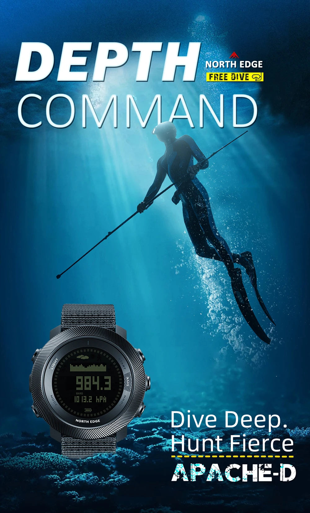 NORTH EDGE APACHE-D Montre Digitale Sportive pour Homme - Montre de Plongée, Outdoor, 100M Étanchéité, Altimètre, Baromètre, Boussole BLACKBEARD OUTDOOR INDUSTRIES