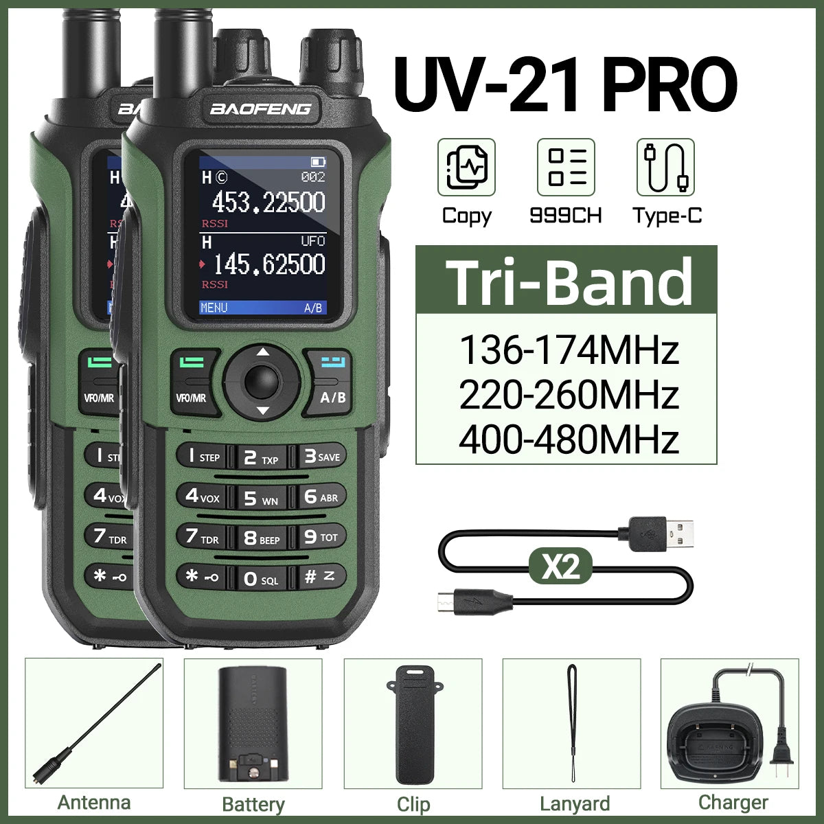 Lot de 2 Talkie-Walkies Baofeng UV-21 Pro V2 – Multi-bande, 999 Canaux, USB-C, Écran Couleur - BLACKBEARD OUTDOOR INDUSTRIES