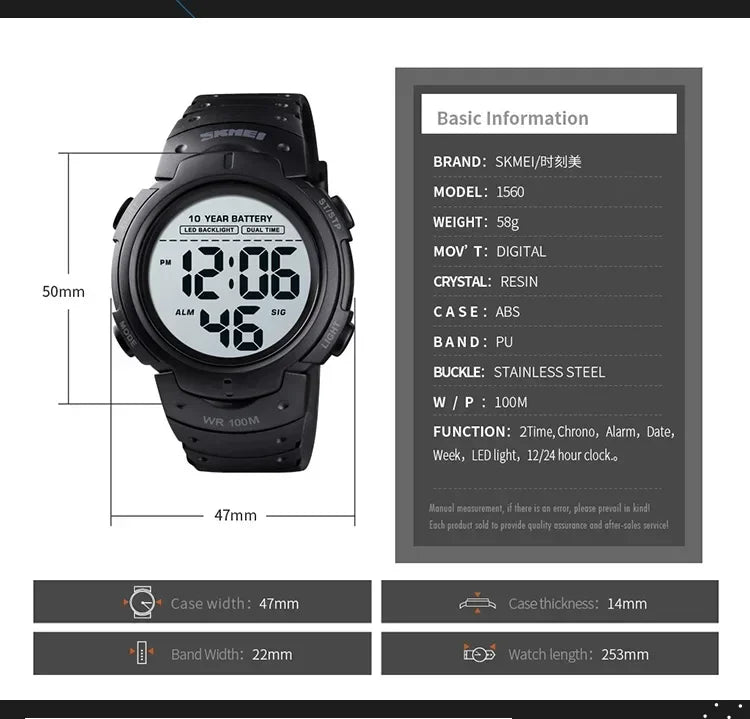 SKMEI 1560 – Montre Digitale Homme 100M Étanche - BLACKBEARD OUTDOOR INDUSTRIES