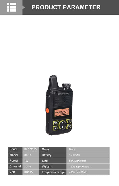 Talkie Walkie Baofeng BF-T1 UHF 20CH - Compact, Puissant et Pratique - BLACKBEARD OUTDOOR INDUSTRIES