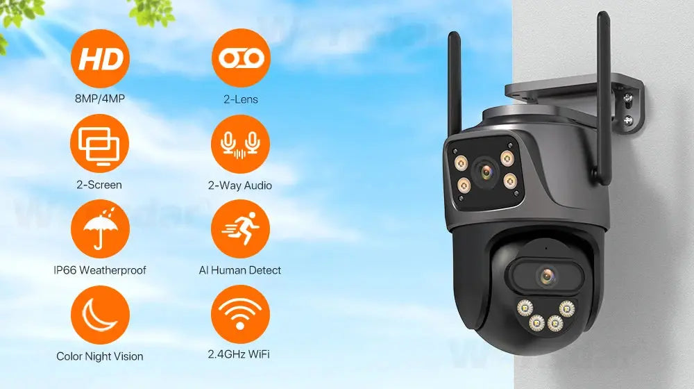 Caméra de Surveillance 4K 8MP PTZ WiFi Double Objectif | Vision Nocturne Couleur | Détection Humaine | Audio Bidirectionnel | iCSee Ma boutique