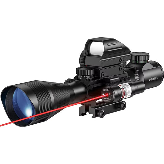 Lunette de Tir 4-12x50 avec Réticule Télémétrique Illuminé + Viseur Holographique 4 Réticules + Laser Rouge/Vert - Rail 20mm - BLACKBEARD OUTDOOR INDUSTRIES