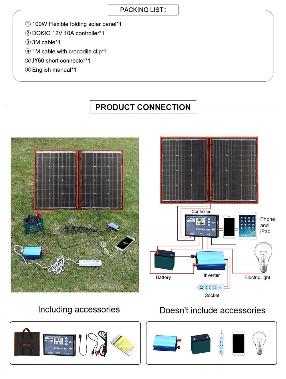 Dokio 100W Panneau Solaire Flexible et Pliant 18V avec Kit Contrôleur 12V – Idéal pour Camping, Voyage et VR - BLACKBEARD OUTDOOR INDUSTRIES