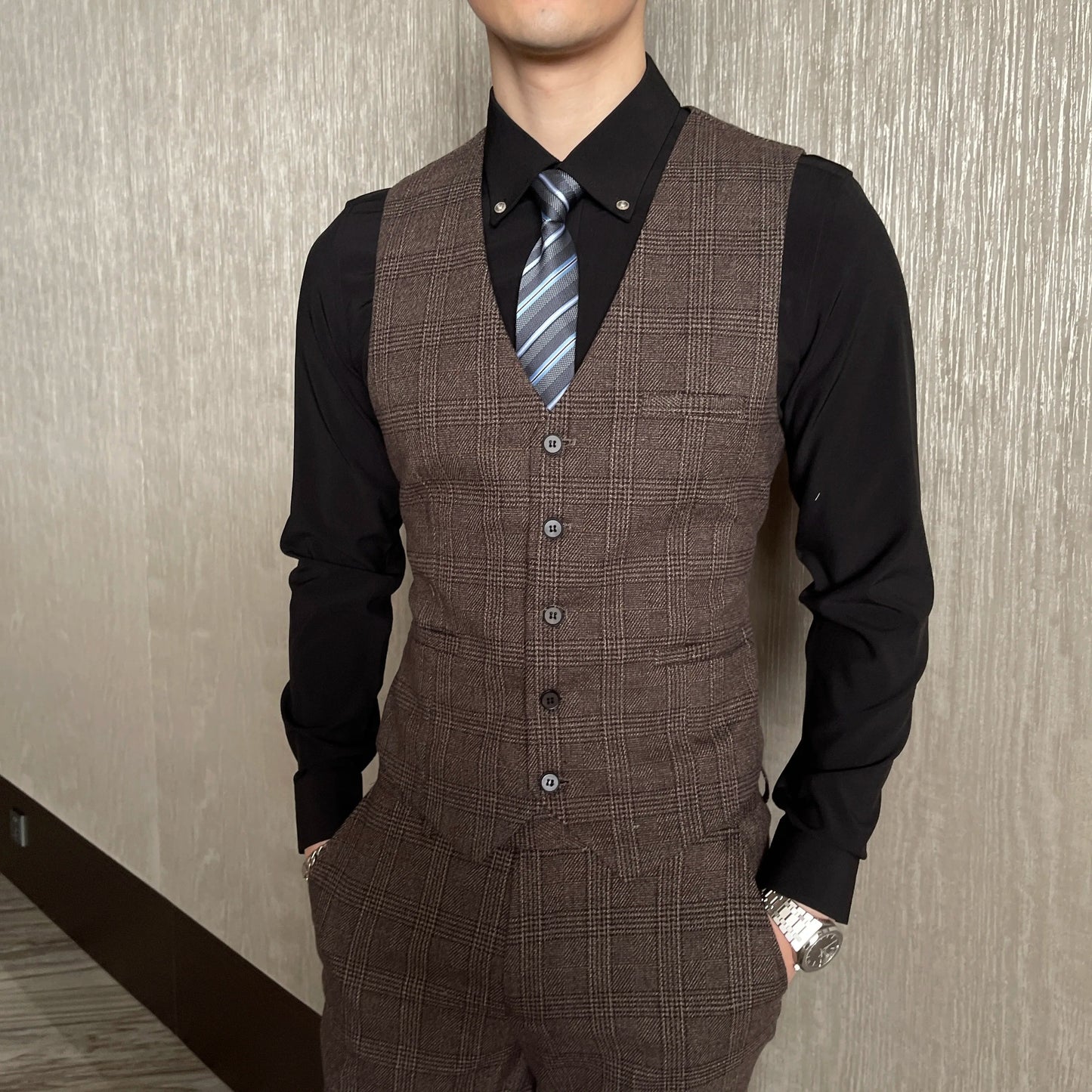 Costume 3 Pièces Homme Style Britannique Coréen Haut de Gamme à Carreaux Modifiés - Costume Élégant Business Casual avec Gilet et Pantalon BLACKBEARD OUTDOOR INDUSTRIES