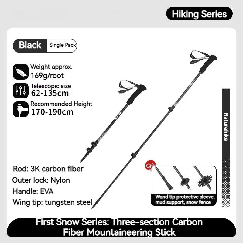 Naturehike Bâton de Randonnée 3 Sections – Fibre de Carbone 3K Ultraléger, Réglable, Pointe Tungstène – Modèle EXT1 - BLACKBEARD OUTDOOR INDUSTRIES