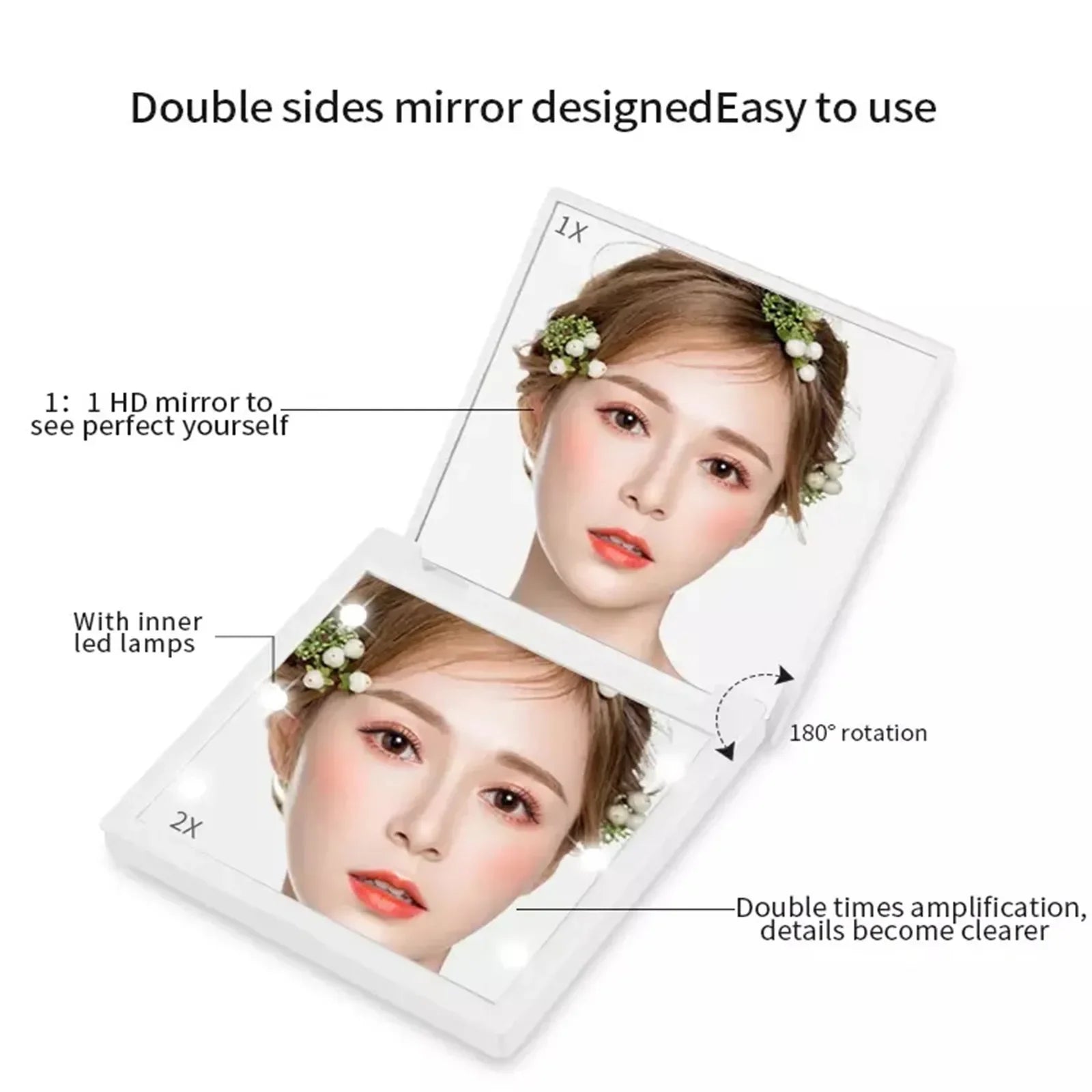 1PC Miroir de Maquillage Pliable avec 6 Lampes LED – Compact & Portable avec Lumière pour Femmes - BLACKBEARD OUTDOOR INDUSTRIES
