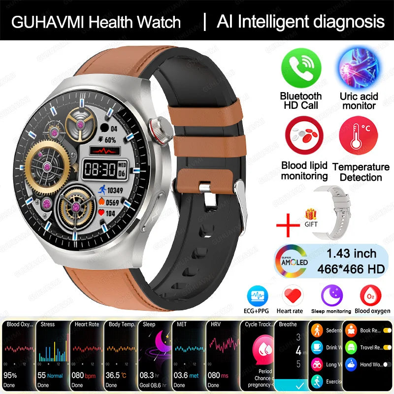 Montre Connectée Médicale GUHUAVMI TK26 – ECG+PPG – Uric Acid, Température, Lipides, Appels Bluetooth – Écran AMOLED 1.43” – Étanche IP68 - BLACKBEARD OUTDOOR INDUSTRIES