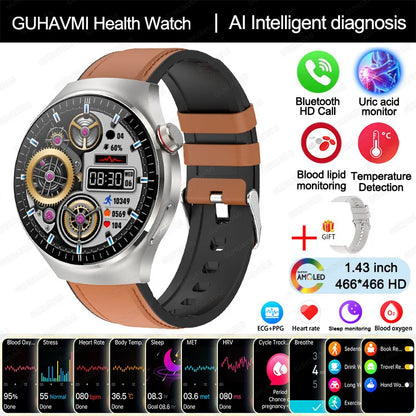 Montre Connectée Médicale GUHUAVMI TK26 – ECG+PPG – Uric Acid, Température, Lipides, Appels Bluetooth – Écran AMOLED 1.43” – Étanche IP68 - BLACKBEARD OUTDOOR INDUSTRIES