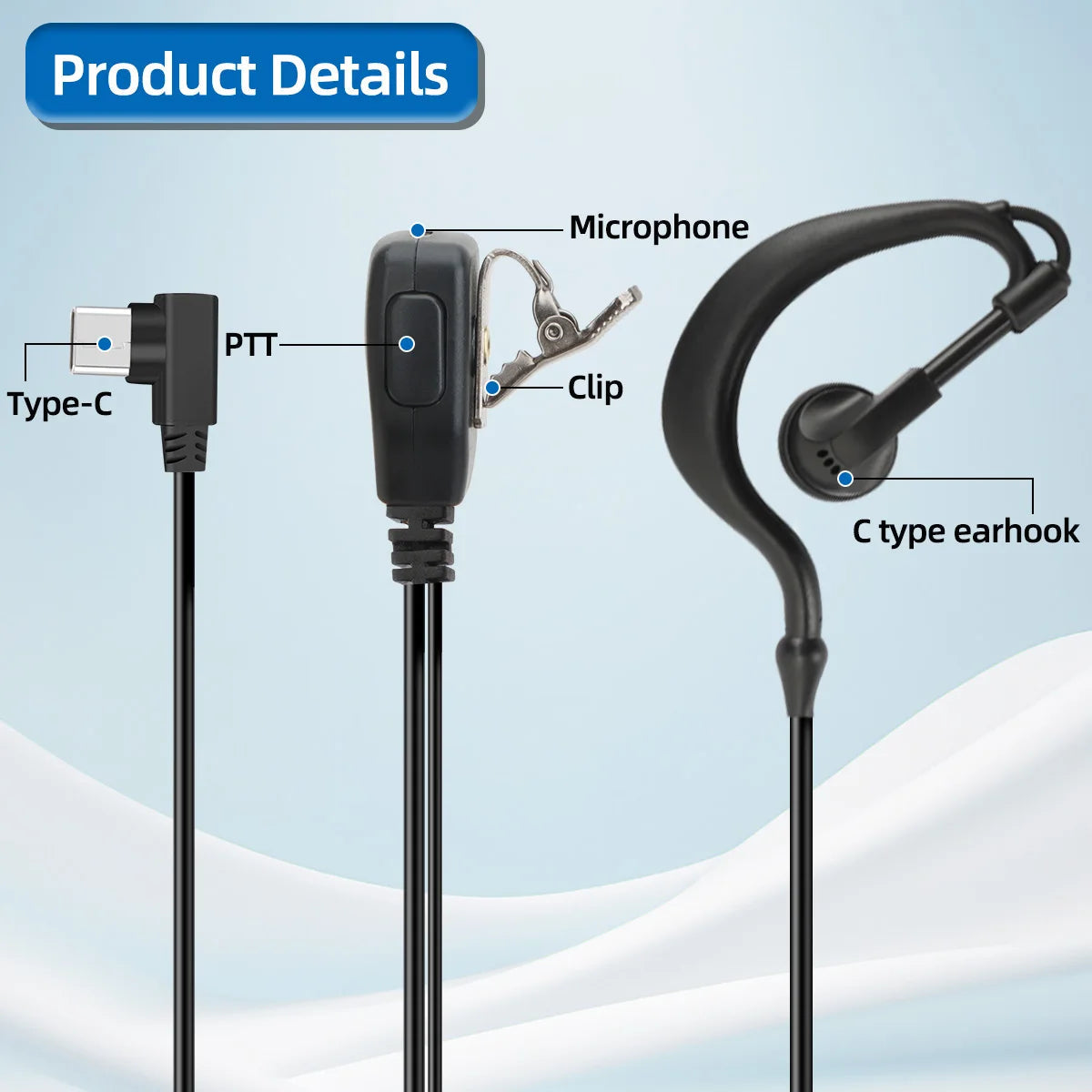 ABBREE POC Network Walkie Talkie Headset  360° Rotatable Earplug Built-in PTT MIC For GP-268 GP-298 ZELLO Type-C Radio Earphone BLACKBEARD OUTDOOR INDUSTRIES