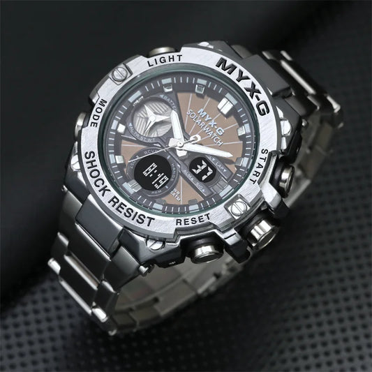 Montre Homme Énergie Solaire STRYVE – Style Acier Inoxydable – Double Affichage Analogique & Digital – Multifonction – Étanche 50M - BLACKBEARD OUTDOOR INDUSTRIES