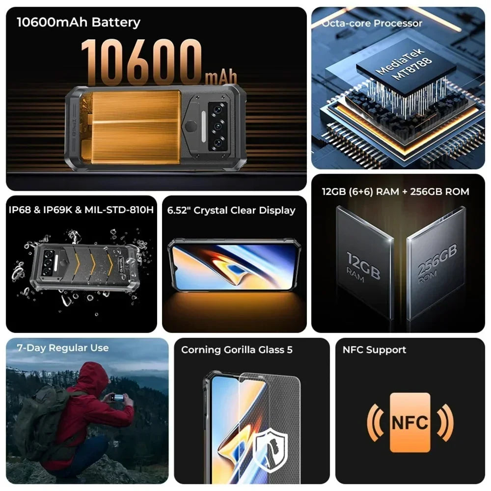 OUKITEL WP38 Rugged Phone 6.52" HD+ | 10600mAh | 12GB RAM + 256GB ROM | Android 13 | 13MP + 2MP Caméra - BLACKBEARD OUTDOOR INDUSTRIES