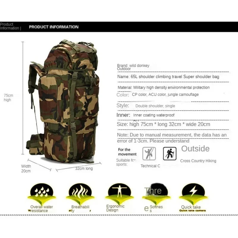 Sac à Dos de Randonnée 70L Imperméable avec Housse de Pluie – Grand Sac de Camping et Escalade - BLACKBEARD OUTDOOR INDUSTRIES