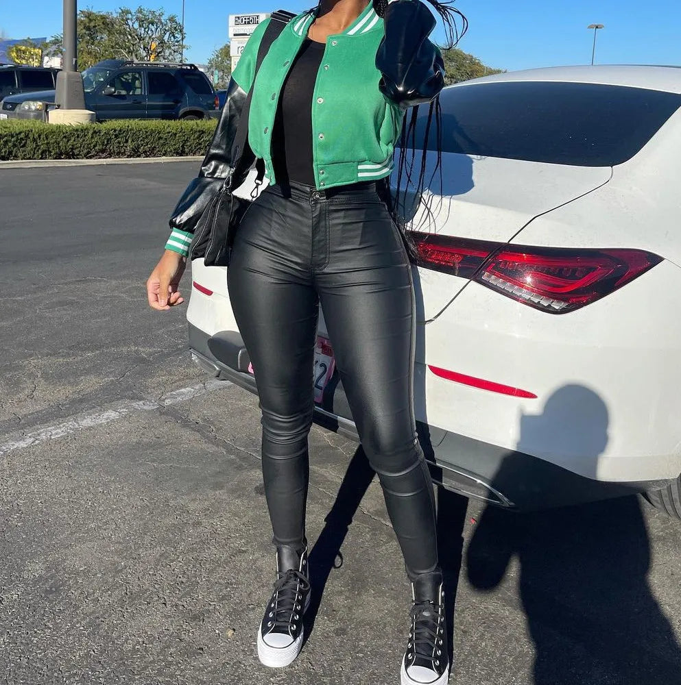 Pantalon Femme Taille Haute Slim – Effet Cuir PU Brillant – Coupe Skinny Style Européen - BLACKBEARD OUTDOOR INDUSTRIES