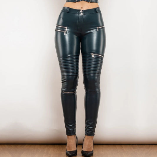 Shascullfites Melody Blue Leather Tapered Pants Motor Leather Trousers Shaping Leather Leggings With Zippers BLACKBEARD OUTDOOR INDUSTRIES