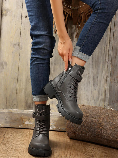 Bottines Femme à Talon Épais – Bottes Combat à Lacets & Fermeture Éclair – Style Punk Rock avec Boucle Ceinture – Pointure Jusqu’au 43 - BLACKBEARD OUTDOOR INDUSTRIES