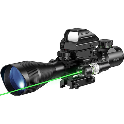 Lunette de Tir 4-12x50 avec Réticule Télémétrique Illuminé + Viseur Holographique 4 Réticules + Laser Rouge/Vert - Rail 20mm - BLACKBEARD OUTDOOR INDUSTRIES