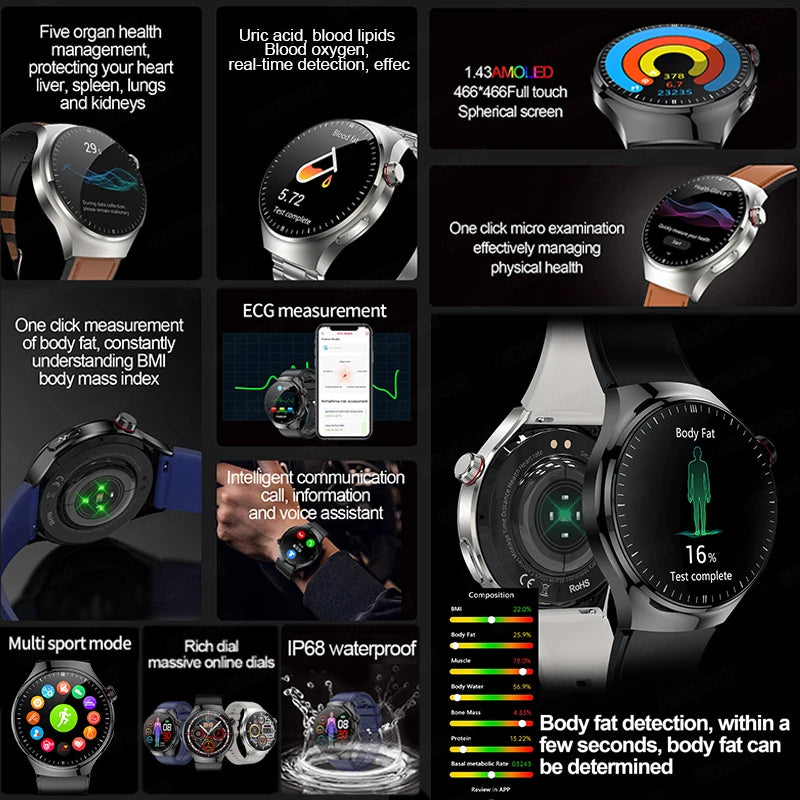 Montre Connectée Médicale GUHUAVMI TK26 – ECG+PPG – Uric Acid, Température, Lipides, Appels Bluetooth – Écran AMOLED 1.43” – Étanche IP68 - BLACKBEARD OUTDOOR INDUSTRIES