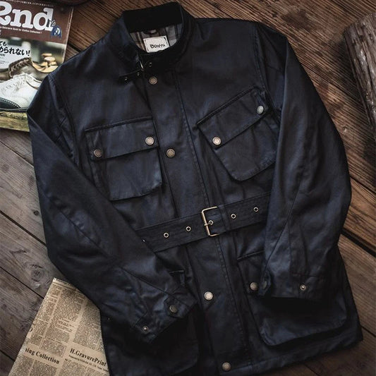 Brand Oil Wax Windbreaker Men Vintage Motorcycle Waterproof Jackets Spring Autumn Casual Multi-pocket Cargo Coats Medi Length BLACKBEARD OUTDOOR INDUSTRIES
