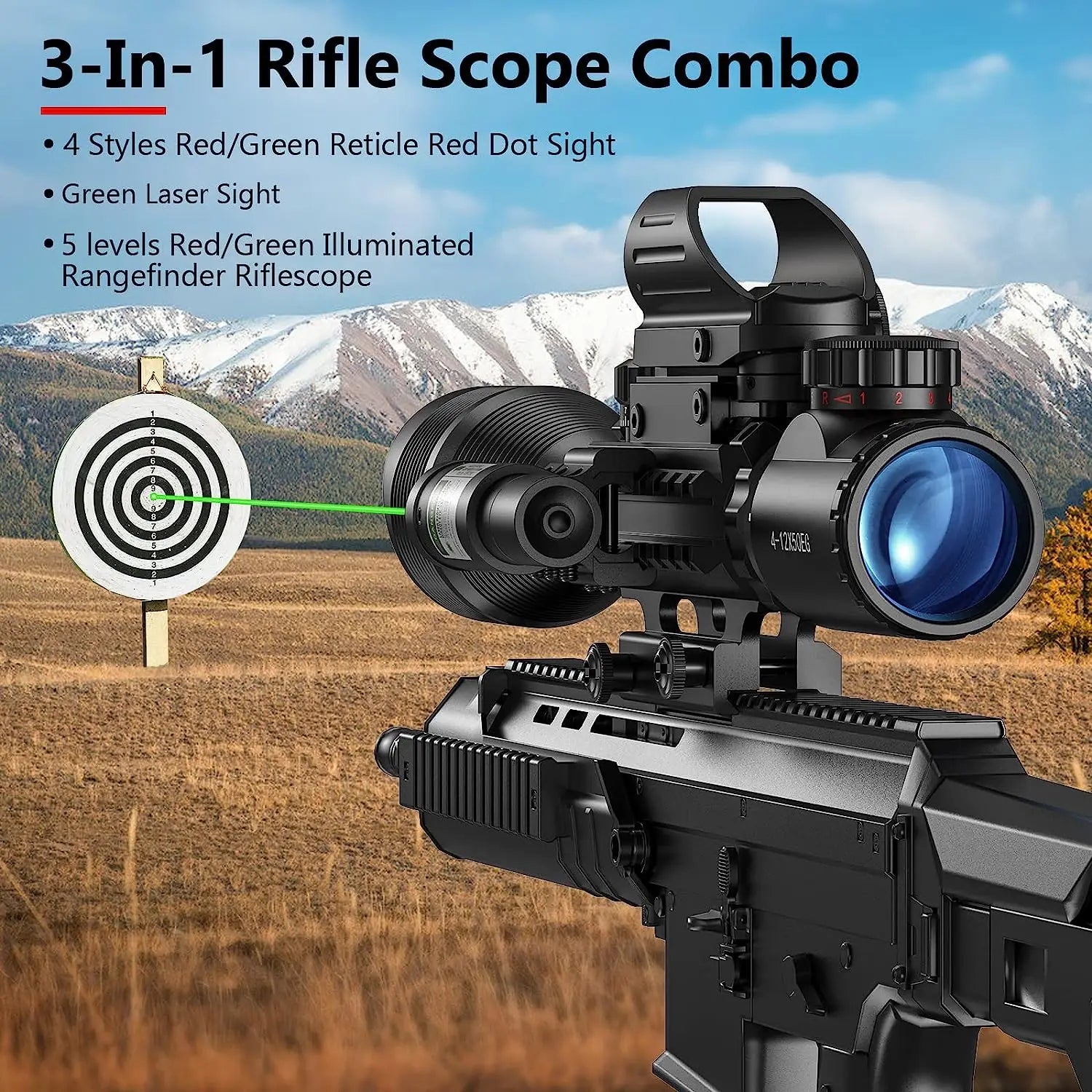 Lunette de Tir 4-12x50 avec Réticule Télémétrique Illuminé + Viseur Holographique 4 Réticules + Laser Rouge/Vert - Rail 20mm - BLACKBEARD OUTDOOR INDUSTRIES