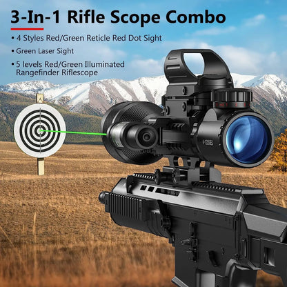 Lunette de Tir 4-12x50 avec Réticule Télémétrique Illuminé + Viseur Holographique 4 Réticules + Laser Rouge/Vert - Rail 20mm - BLACKBEARD OUTDOOR INDUSTRIES