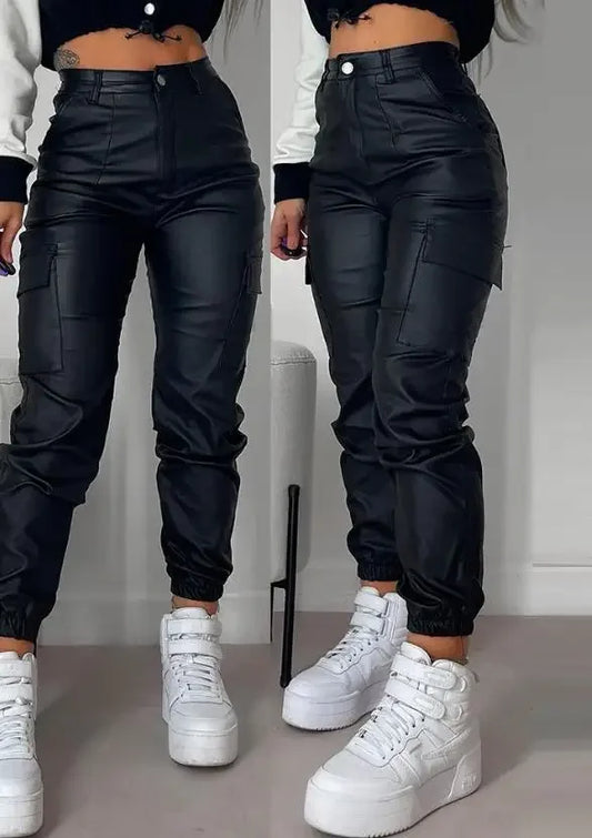 Pantalon Cargo Femme – Tendance Streetwear Y2K, Taille Haute, Effet Cuir PU, Coupe Skinny - BLACKBEARD OUTDOOR INDUSTRIES