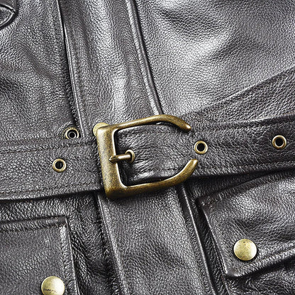 Brown Autumn Leather Jacket Men Safari Style Four Pockets Plus Size 5XL Natural Cowhide M65 Belt Genuine Leather Coat BLACKBEARD OUTDOOR INDUSTRIES