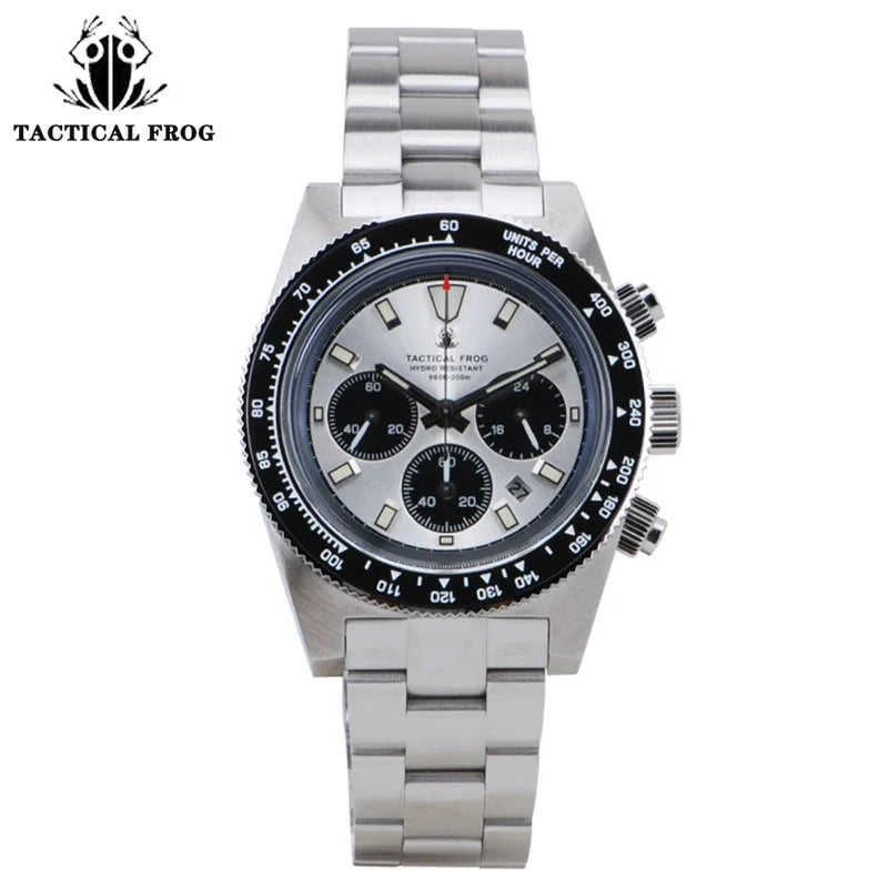 Montre Homme Tactical Frog TF004 – Chronographe Solaire VS75 – Étanche 200M – Verre Saphir – Bracelet Acier Inoxydable - BLACKBEARD OUTDOOR INDUSTRIES