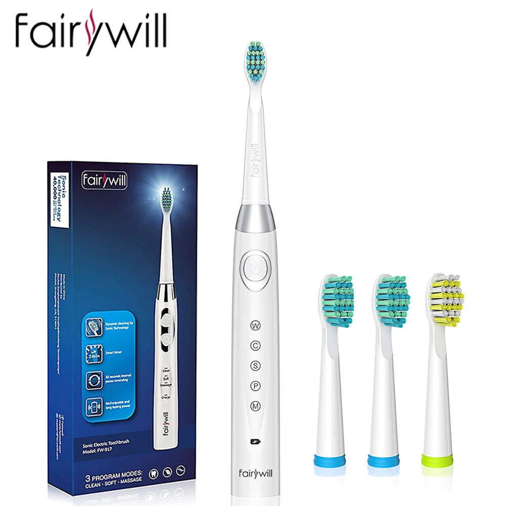 Brosse à dents électrique Fairywill FW-508 à ultrasons – Rechargeable, Minuteur, 5 Modes, Charge rapide, 8 têtes pour adultes - BLACKBEARD OUTDOOR INDUSTRIES