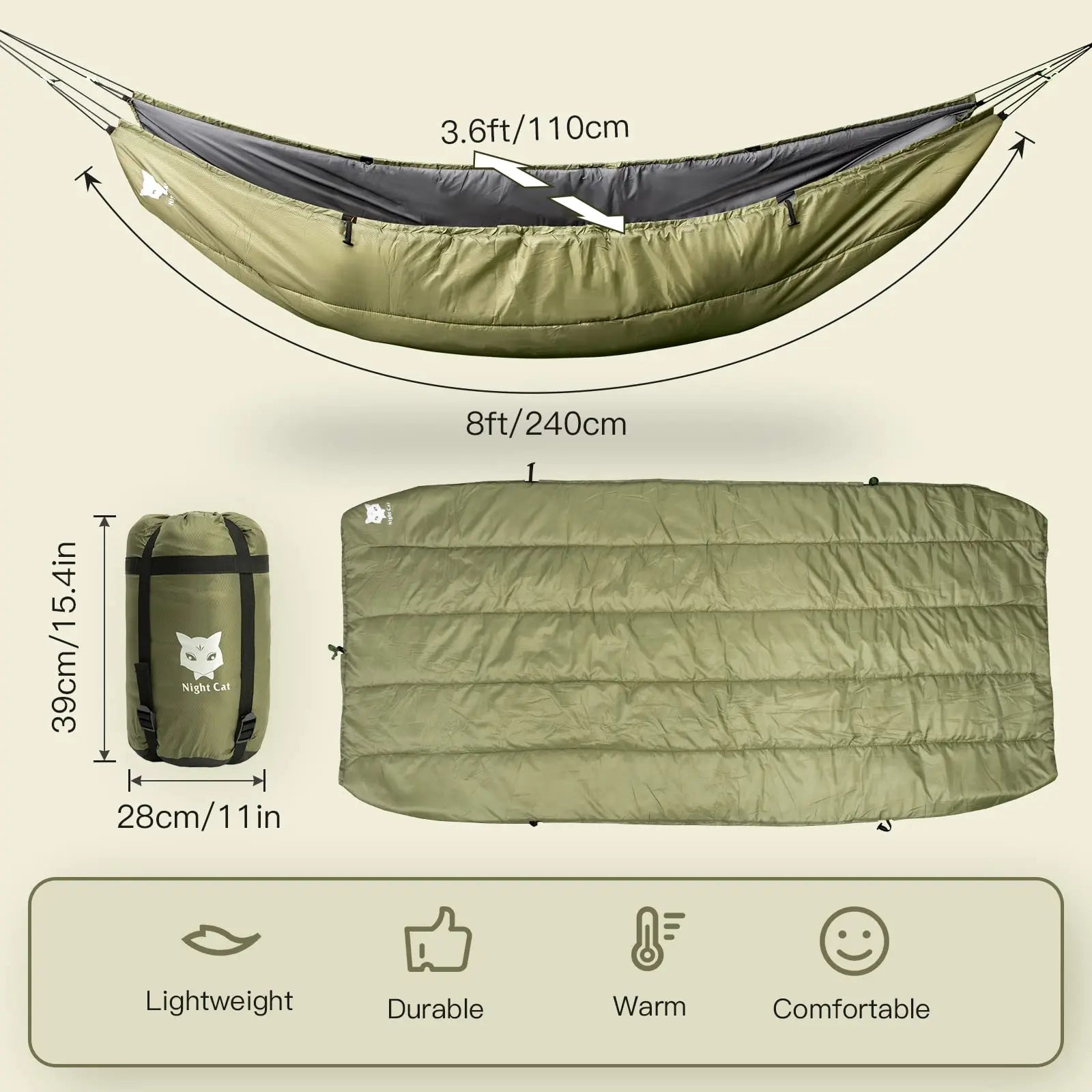 Night Cat Hammock Underquilts – Couverture Isolante pour Hamac, Sac de Couchage Léger 4 Saisons, Doux et Chaud, 5-20℃, 8x3.6 ft - BLACKBEARD OUTDOOR INDUSTRIES
