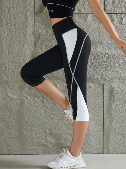 Legging Femme Yoga Color Block Taille Haute – Pantalon Stretch Mi-Mollet Patchwork Sans Poches - BLACKBEARD OUTDOOR INDUSTRIES