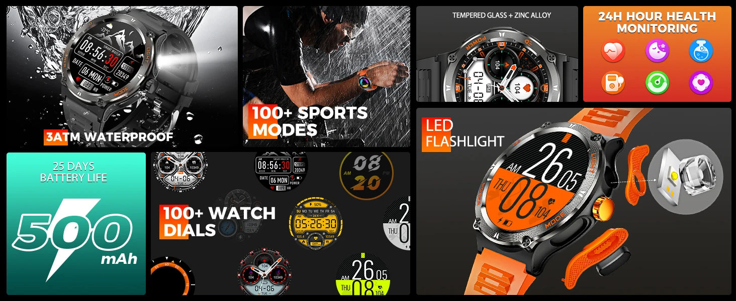KT76 – Montre Connectée Sport Homme avec Boussole, Lampe LED et Suivi Santé - BLACKBEARD OUTDOOR INDUSTRIES