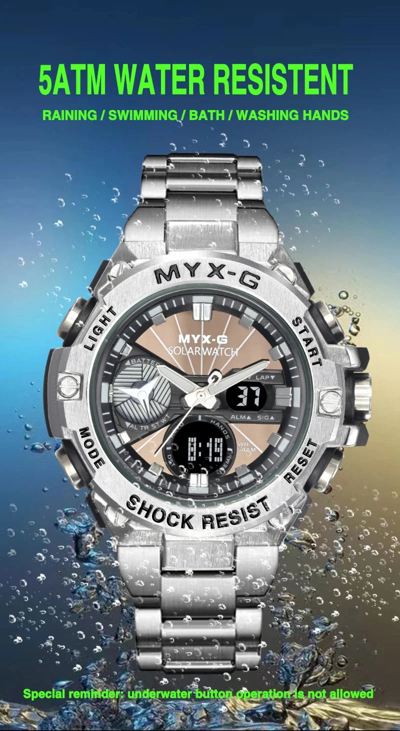 Montre Homme Énergie Solaire STRYVE – Style Acier Inoxydable – Double Affichage Analogique & Digital – Multifonction – Étanche 50M - BLACKBEARD OUTDOOR INDUSTRIES