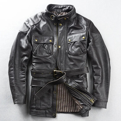 Brown Autumn Leather Jacket Men Safari Style Four Pockets Plus Size 5XL Natural Cowhide M65 Belt Genuine Leather Coat BLACKBEARD OUTDOOR INDUSTRIES