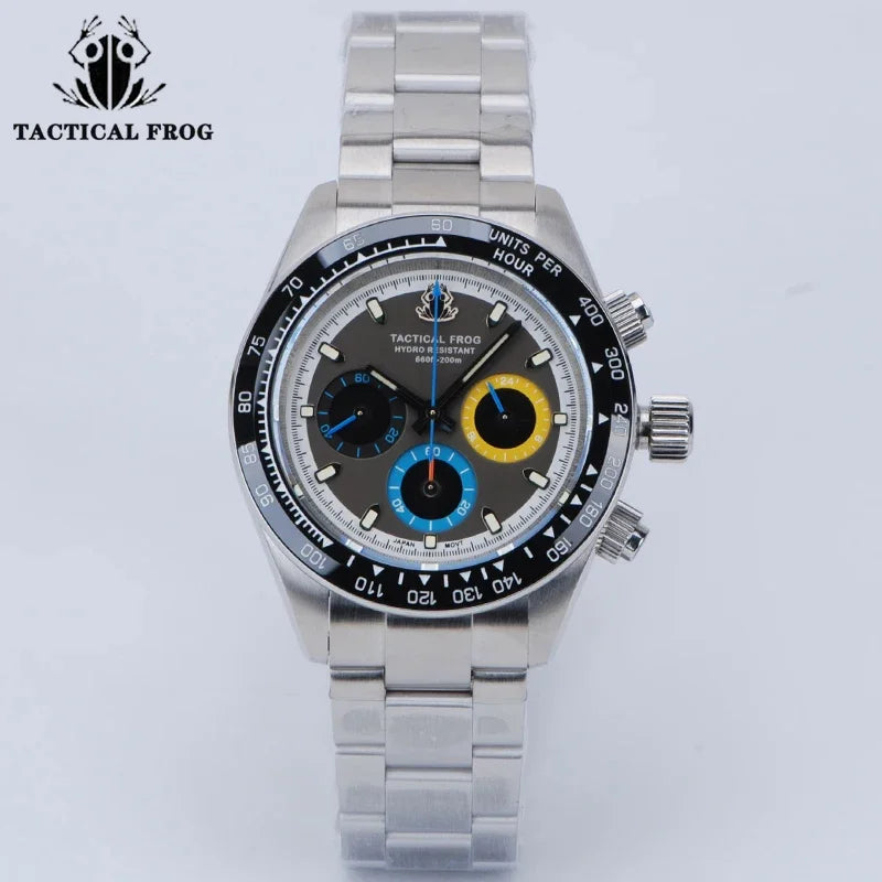 Montre Homme Tactical Frog TF004 – Chronographe Solaire VS75 – Étanche 200M – Verre Saphir – Bracelet Acier Inoxydable - BLACKBEARD OUTDOOR INDUSTRIES