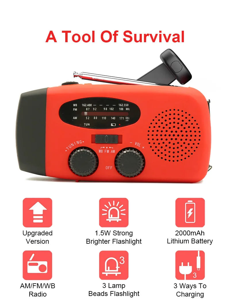 Radio Portable d'Urgence Rechargeable 2000mAh – Radio Solair, Manivelle et USB avec Flashlight, Radio AM/FM/SW, Radio Météo pour Survie, Batterie Rechargeable et Chargeur de Secours - BLACKBEARD OUTDOOR INDUSTRIES