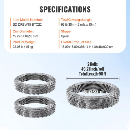 VEVOR Razor Wire – Rouleaux de Fil Barbelé Lames Doubles Spirales Galvanisé pour Clôture et Sécurité Extérieure - BLACKBEARD OUTDOOR INDUSTRIES
