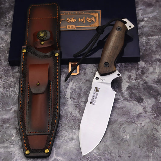 WPKOPYA Couteau de Chasse Tout Acier DC53 – Lame Pleine Soie + Étui Cuir - BLACKBEARD OUTDOOR INDUSTRIES
